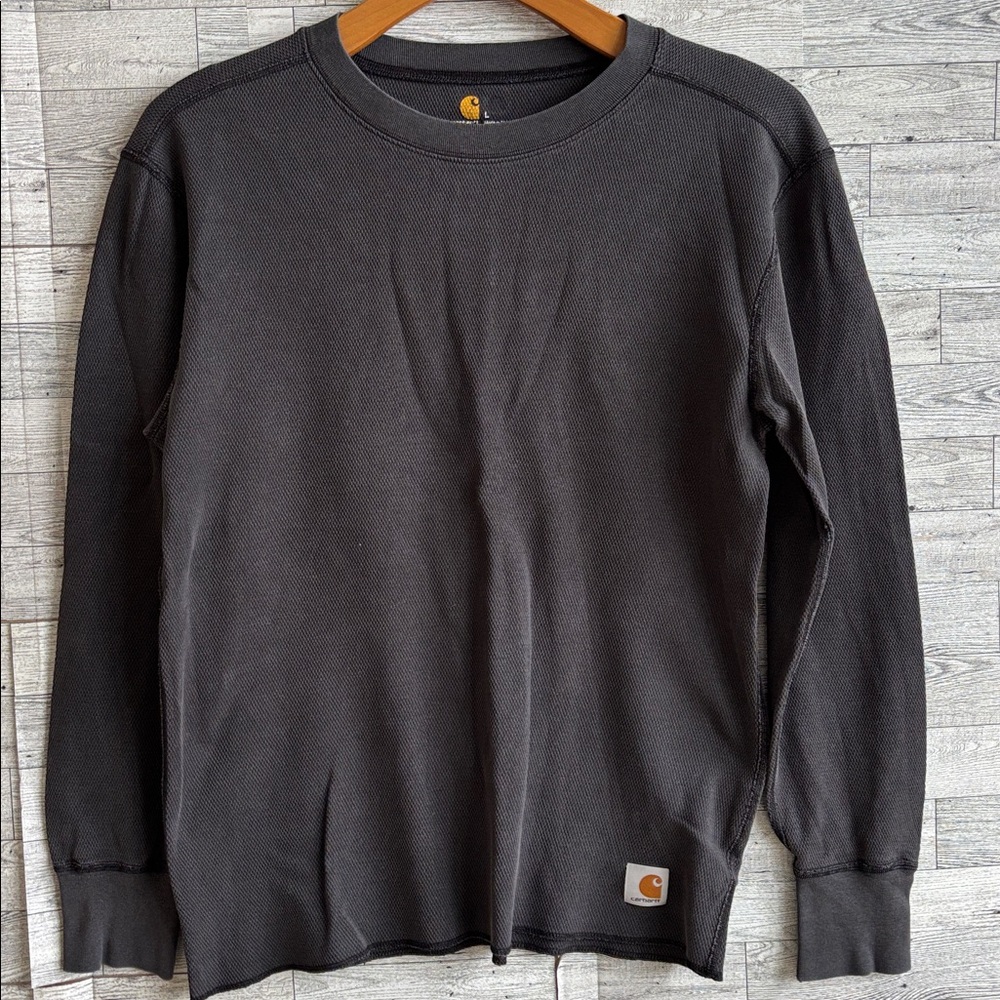 Carhartt Thermal Shirt Vintage Men's Large Waffle Logo Black distressed Slim Fit